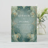 Emerald Art Nouveau Ginkgo bruiloft uitnodiging (Staand voorkant)
