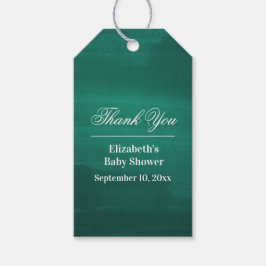 Emerald baby shower. Neutraal groen dank u Cadeaulabel