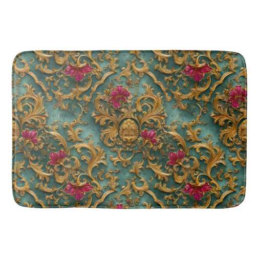 Emerald Baroque Floral with Gold Ornaments Badmat (Voorkant)