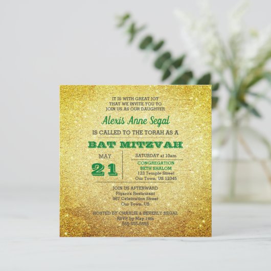 Emerald Birthstone Glitter Glam Bat Mitzvah Kaart (Staand voorkant)