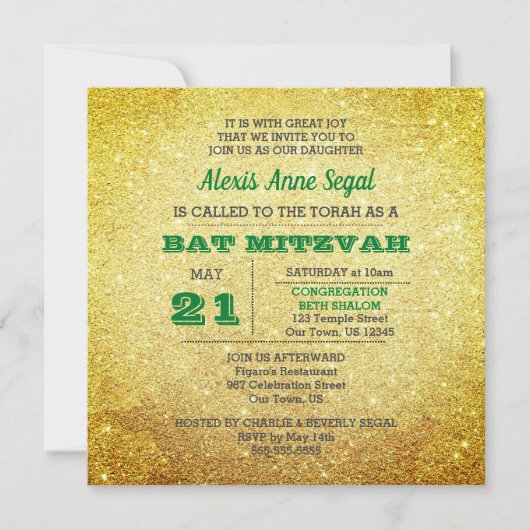Emerald Birthstone Glitter Glam Bat Mitzvah Kaart (Voorkant)