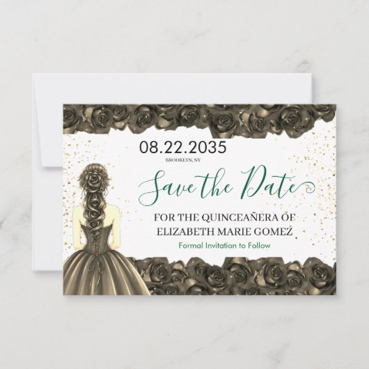 Emerald & Black Quinceañera Save the Date (Voorkant)