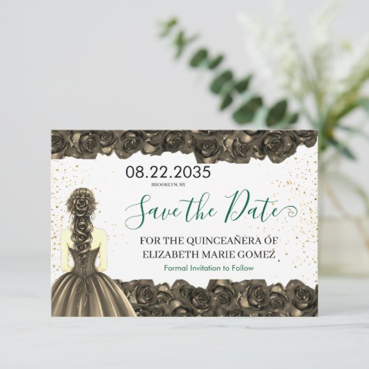 Emerald & Black Quinceañera Save the Date (Staand voorkant)