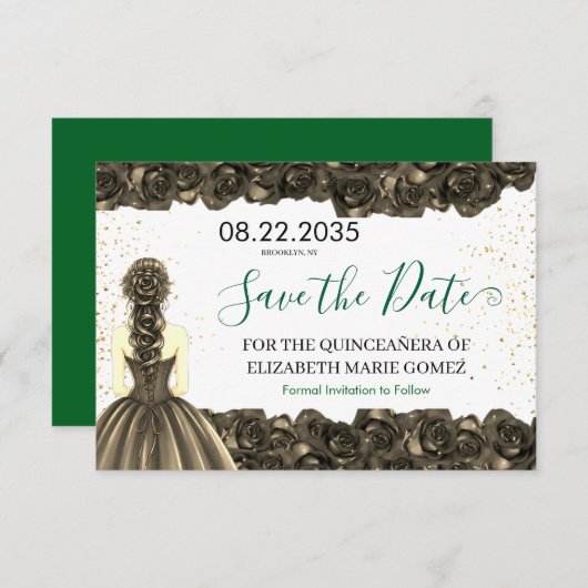 Emerald & Black Quinceañera Save the Date (Voorkant / Achterkant)