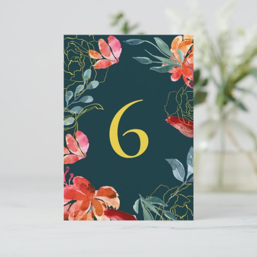 Emerald Blauwgroen Rust Gold Floral Wedding Table  Informatiekaartje (Staand voorkant)