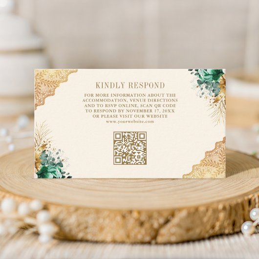 Emerald Bloem Gouden Kant Crème Trouw QR Code Informatiekaartje