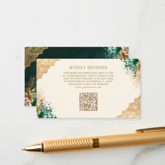 Emerald Bloemen Gouden Lace Cream Wedding QR Code Informatiekaartje (Voorkant / Achterkant in situ)