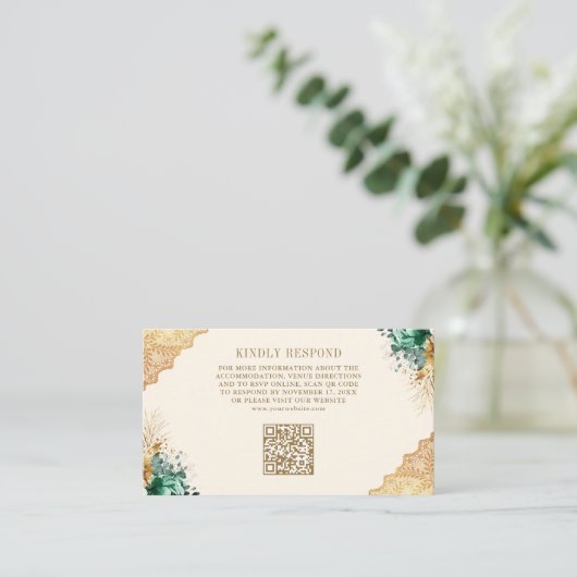 Emerald Bloemen Gouden Lace Cream Wedding QR Code Informatiekaartje (Staand voorkant)