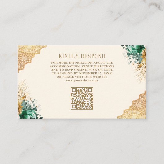 Emerald Bloemen Gouden Lace Cream Wedding QR Code Informatiekaartje (Voorkant)