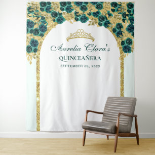 Emerald Bloemen Prinses Gouden Boog Quinceanera Wandkleed