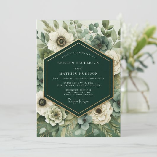 Emerald Bloom Romance Wedding Kaart (Staand voorkant)