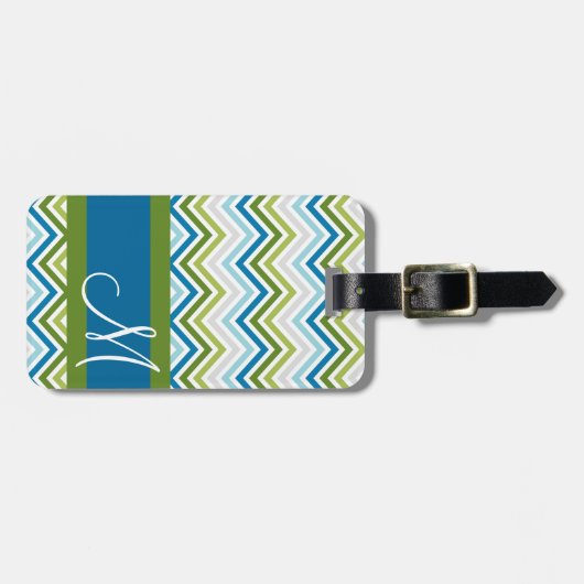 Emerald & Blue Chevron Pattern met Monogram Bagagelabel (Voorkant horizontaal)