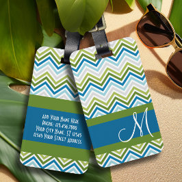 Emerald & Blue Chevron Pattern met Monogram Bagagelabel
