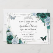 Emerald Blue Floral Silver Quinceanera XV Sweet 16 Save The Date (Voorkant)