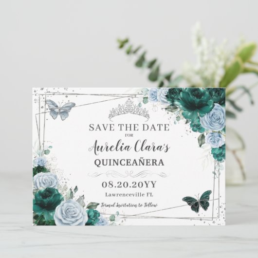 Emerald Blue Floral Silver Quinceanera XV Sweet 16 Save The Date (Staand voorkant)