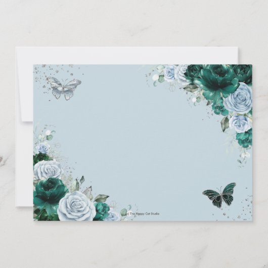Emerald Blue Floral Silver Quinceanera XV Sweet 16 Save The Date (Achterkant)