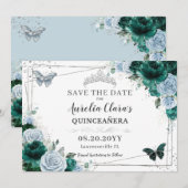 Emerald Blue Floral Silver Quinceanera XV Sweet 16 Save The Date (Voorkant / Achterkant)
