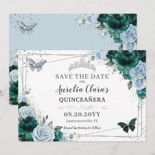 Emerald Blue Floral Silver Quinceanera XV Sweet 16 Save The Date (Voorkant / Achterkant)