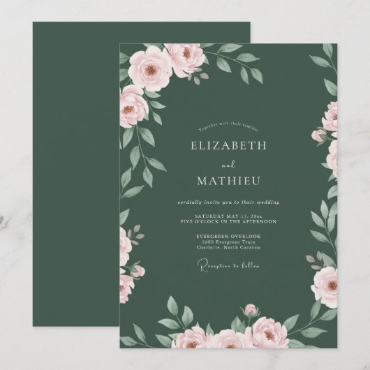 Emerald Blush Bloei Bruiloft Kaart (Voorkant / Achterkant)