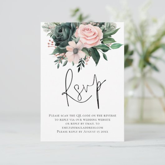 Emerald Blush Bloemen Script QR Code Trouwen RSVP (Staand voorkant)