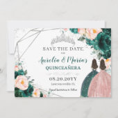 Emerald Blush Bloemen Twins Quinceanera Sweet 16 Save The Date (Voorkant)