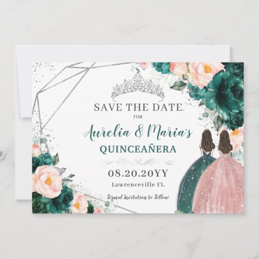 Emerald Blush Bloemen Twins Quinceanera Sweet 16 Save The Date (Voorkant)