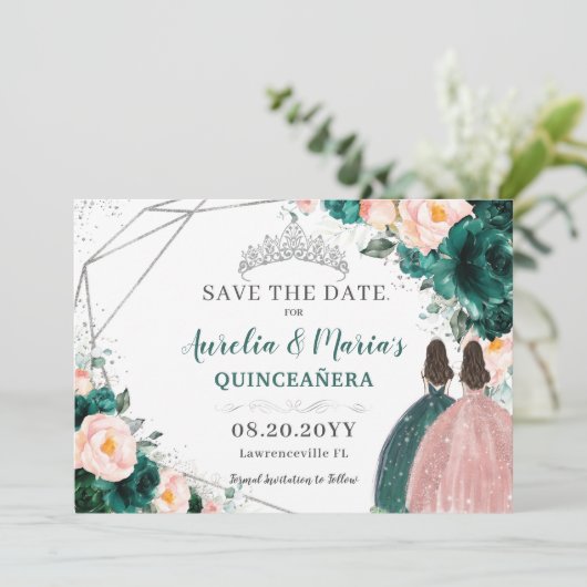 Emerald Blush Bloemen Twins Quinceanera Sweet 16 Save The Date (Staand voorkant)