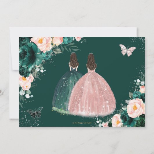 Emerald Blush Bloemen Twins Quinceanera Sweet 16 Save The Date (Achterkant)