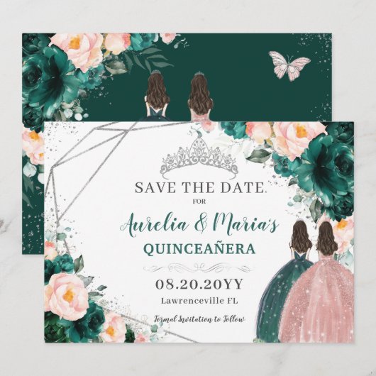 Emerald Blush Bloemen Twins Quinceanera Sweet 16 Save The Date (Voorkant / Achterkant)