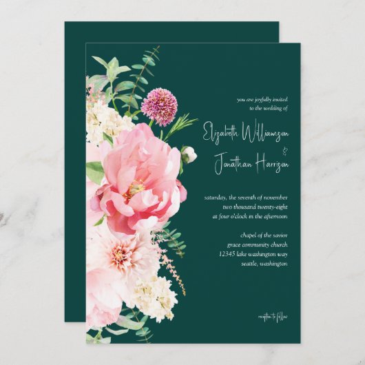 Emerald Blush Dark Moody Floral Stylish Script Kaart (Voorkant / Achterkant)
