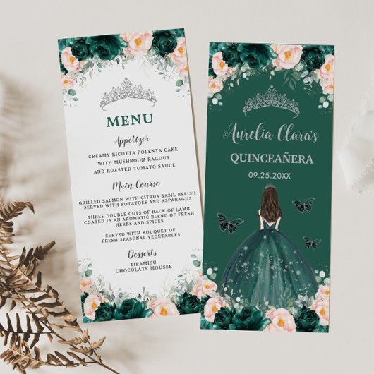 Emerald Blush Floral Princess Quinceañera Menu