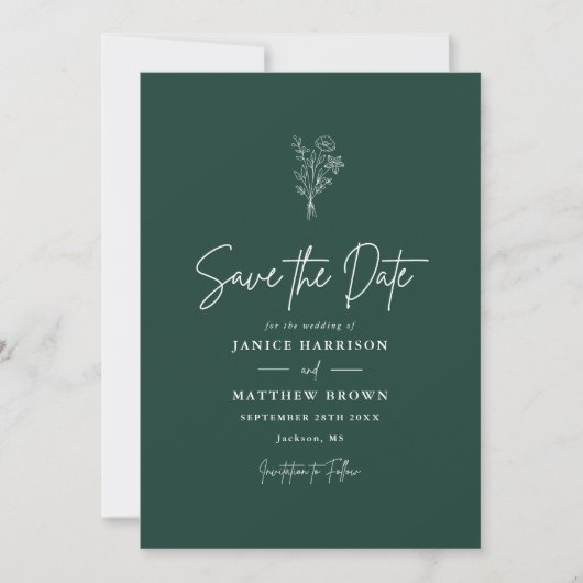 Emerald Boho Minimalist Botanicals Wedding Save The Date (Voorkant)