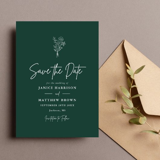 Emerald Boho Minimalist Botanicals Wedding Save The Date