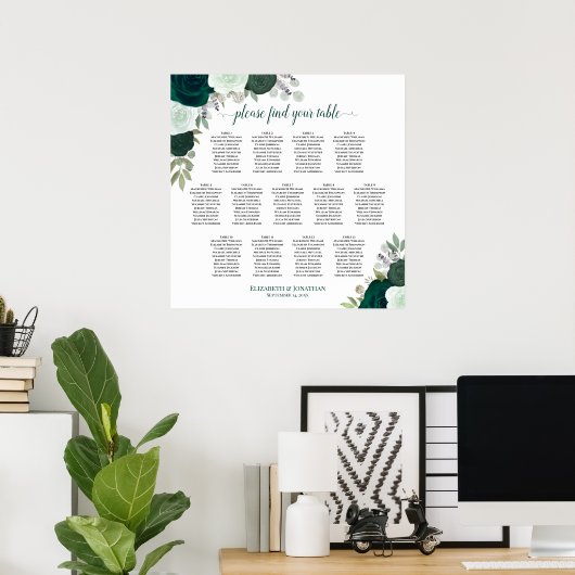 Emerald Boho Rozen 13 tafel bruiloft zitgrafiek Poster (Thuiskantoor)