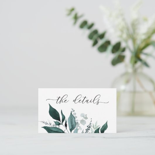 Emerald Botanical Woodland bruiloft details Informatiekaartje (Staand voorkant)