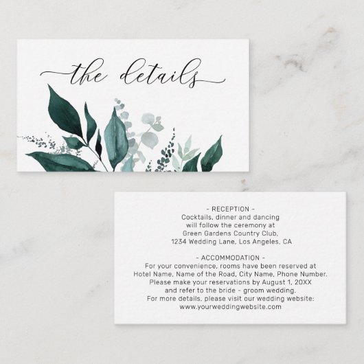 Emerald Botanical Woodland bruiloft details Informatiekaartje (Voorkant / Achterkant)