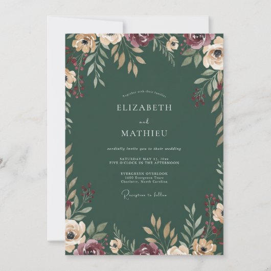 Emerald Bourgondi Ranunculus Eucalyptus Bruiloft Kaart (Voorkant)