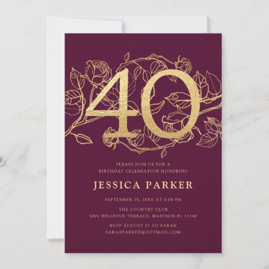 Emerald Bourgondië Goud Elegant 40e verjaardag Kaart (Voorkant)