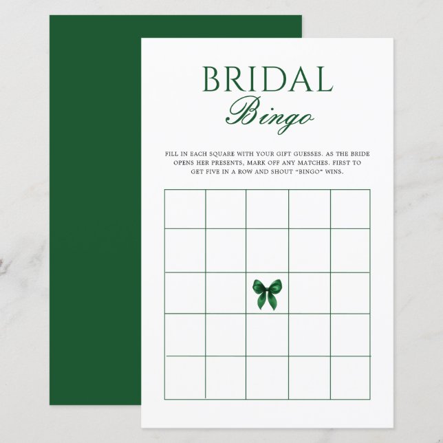 Emerald Bow Bridal Shower Bingo Game (Voorkant / Achterkant)