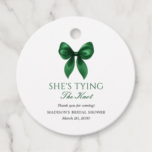 Emerald Bow She's Tying the Knot Bridal Shower Bedankjes Labels (Voorkant)