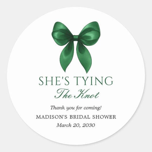 Emerald Bow She's Tying the Knot Bridal Shower Ronde Sticker (Voorkant)