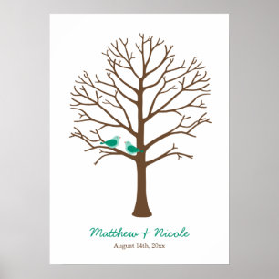 Emerald Brown Birds Fingerprint Tree Wedding Poster