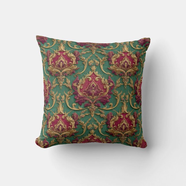 Emerald Burgundy Baroque Damask Kussen (Voorkant)