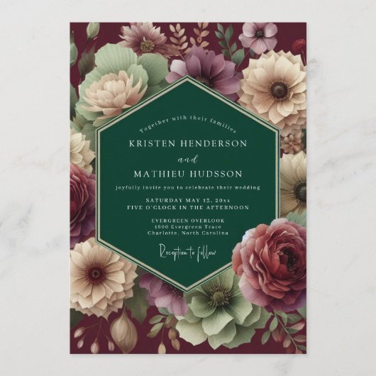 Emerald Burgundy Dramatic Bloom Wedding Kaart (Voorkant)