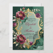 Emerald Burgundy Floral Glitter Wedding Invitation Kaart (Voorkant)