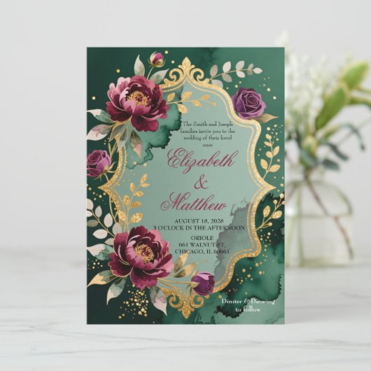 Emerald Burgundy Floral Glitter Wedding Invitation Kaart (Staand voorkant)