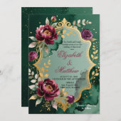 Emerald Burgundy Floral Glitter Wedding Invitation Kaart (Voorkant / Achterkant)