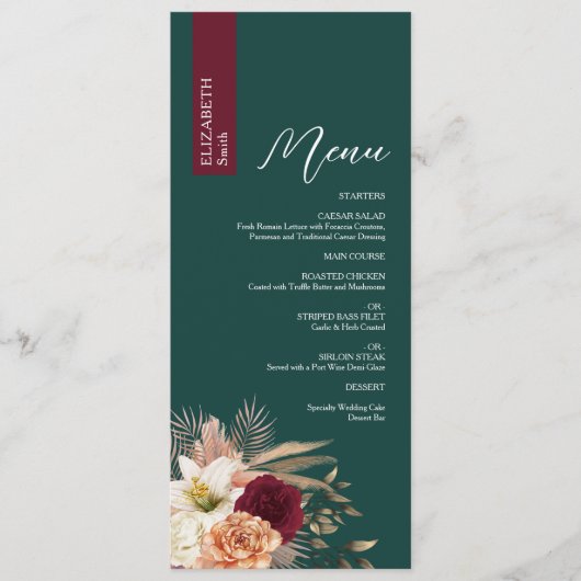 Emerald Burgundy Trouwmenu met Naam Menu (Voorkant)