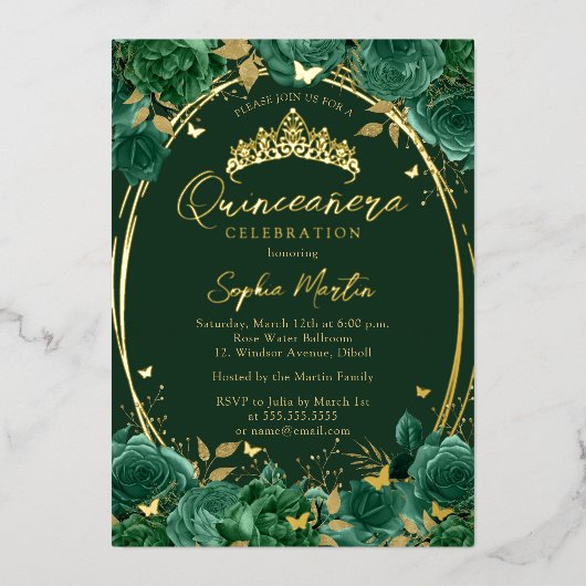 Emerald Captivating Floral Butterfly Quinceanera Folie Uitnodiging (Voorkant)