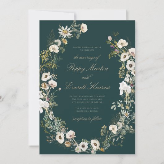 Emerald & Cream Floral Poppy Wedding Invitation Kaart (Voorkant)